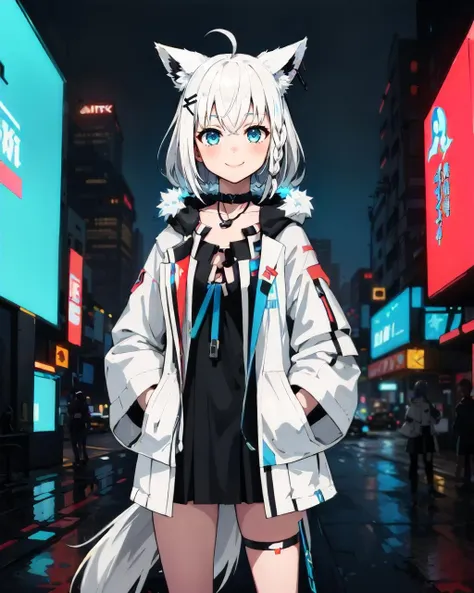 1girl, solo, city, (city lights, cyberpunk:1.4), cowboy shot, smile, hands in pockets, fubukitechwear, black microdress, white jacket, fur-trimmed jacket, hairclip, dog tags, choker, thigh strap, blue ribbon, white hair, single side braid, ahoge, fox tail<lora:shirakami_fubuki_9_outfits:1>