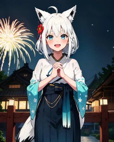 1girl, solo, japanese town, japanese architecture, night, fireworks, cowboy shot, :D, (own hands together), fubukinewyears, white kimono, blue bow, blue hakama, japanese clothes, hair flower, white hair, single side braid, ahoge, fox tail<lora:shirakami_fubuki_9_outfits:1>