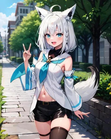 1girl, solo, park, tree, cobblestone path, cowboy shot, (fox shadow puppet), fubukidefault, white blouse, detached sleeves, black short shorts, blue neckerchief, thigh strap, single thighhigh, fox tail, single side braid, ahoge, white hair, :D<lora:shirakami_fubuki_9_outfits:1>