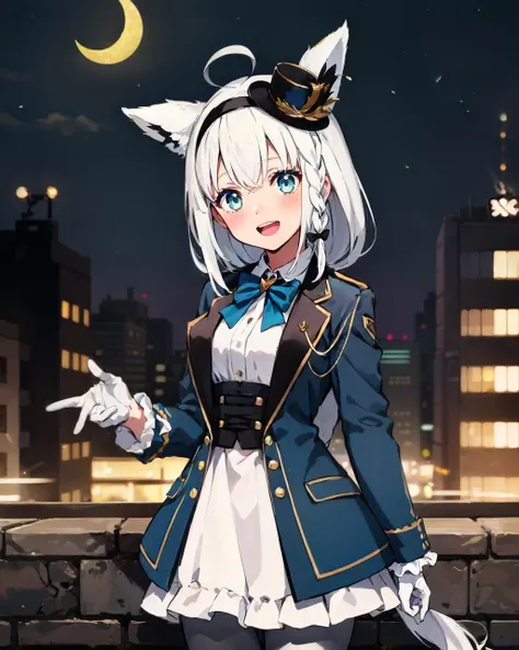 1girl, solo, city town, cobblestone road, night, crescent moon, cowboy shot BREAK fubukielegant, (braided ponytail:1.4), blue coat, blue bowtie, buttoned corset, collared shirt, long skirt, grey skirt, frills, (white pantyhose:1.4), white gloves, (mini hat, top hat), hairband, white hair, ahoge, fox tail, :D<lora:shirakami_fubuki_9_outfits:1>