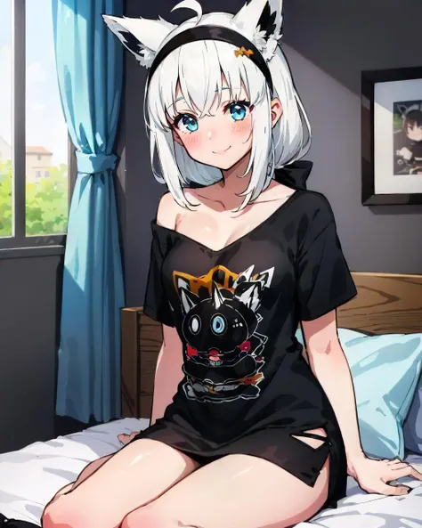 1girl, solo, bedroom, sitting, on bed, smile, blush, fubukirelax, sidelocks, black t-shirt, off-shoulder, black hairband, ahoge, fox tail <lora:shirakami_fubuki_9_outfits:1>