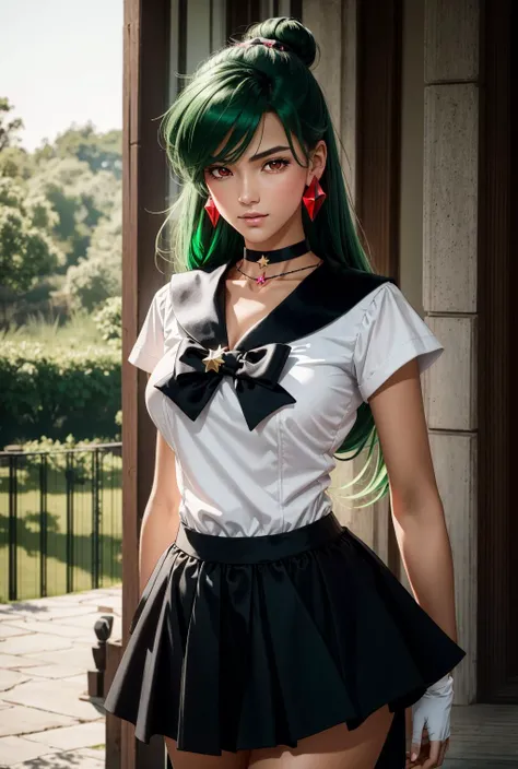 EPsmPluto,green hair,hair bun,red eyes,swept bangs, very long hair,big breasts, <lora:Ð¡ÐµÐ¹Ð»Ð¾Ñ ÐлÑÑон СеÑÑна Ðейо(EPsmPluto,green hair,hair bun,red eyes,swept bangs, very long hair,big breasts(Ñм одеждÑ):0.8>,arrow earrings, bishoujo senshi sailor moon, black bow, black choker, black sailor collar, black skirt, bow, brooch, choker, circlet, elbow gloves, garnet rod, gem, gloves, jewelry, meiou setsuna, miniskirt, pleated skirt, red gemstone, sailor collar, shirt, short sleeves, skirt, star (symbol), star choker, white shirt, 1girl in full growth, best quality, masterpiece, ultra-detailed, high quality, perfect nose, highly detailed skin, warm skin tone, defiance512, RAW photo, best quality, high resolution, (masterpiece), dreamlike, dreamy, modelshoot style, analog style, tonemapping, photorealistic, professional photography, sharp focus, HDR, 8K resolution, intricate detail, sophisticated detail, hyper detailed, (depth of field), highlight and shadow, volumetric lighting, cinematic bloom, professional light, looking at viewer, blotchy,