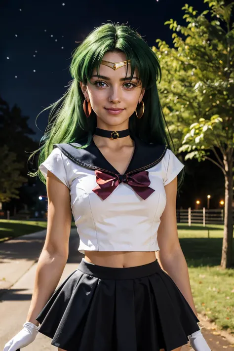 EPsmPluto, red eyes, long green hair, hair bun, gold circlet, choker, earrings, red ribbon, sailor senshi uniform, white elbow gloves, black skirt, looking at viewer, serious, smiling, sitting, on bench, legs crossed, outside, park, trees, stars, night time, high quality, masterpiece, <lora:EPsmPluto:.8>