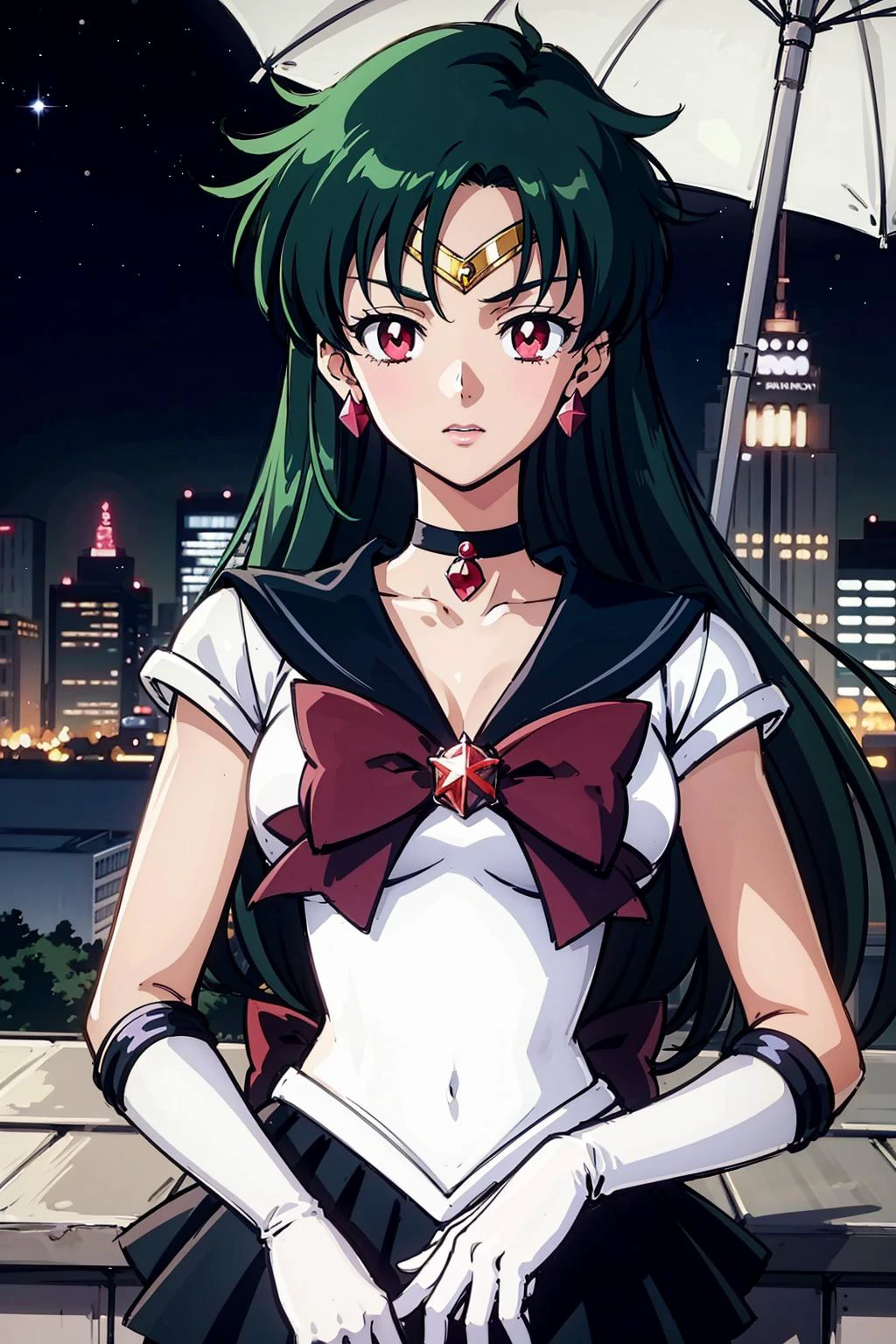 masterpiece, best quality, 1girl, solo, looking at viewer, facing viewer, night, rooftop, city, cityscape, anime screencap,1990s \(style\), (art by Naoko Takeuchi),<lora:EPsmPluto-08:1>, EPsmPluto, arrow earrings, bishoujo senshi sailor moon, black bow, black choker, black sailor collar, black skirt, bow, brooch, choker, circlet, elbow gloves, garnet rod, gem, gloves, green hair, jewelry, long hair, meiou setsuna, miniskirt, pleated skirt, red eyes, red gemstone, sailor collar, shirt, short sleeves, skirt, solo, star (symbol), star choker, swept bangs, very long hair, white shirt