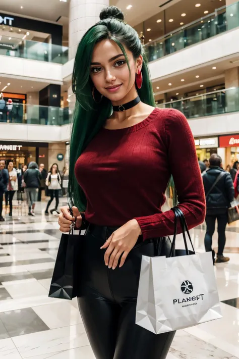 EPsmPluto, red eyes, long green hair, hair bun, choker, earrings, red sweater, black leggings, looking at viewer, smiling, standing, inside mall, holding shopping bags, crowd, bright lighting, high quality, masterpiece, <lora:EPsmPluto:.8>