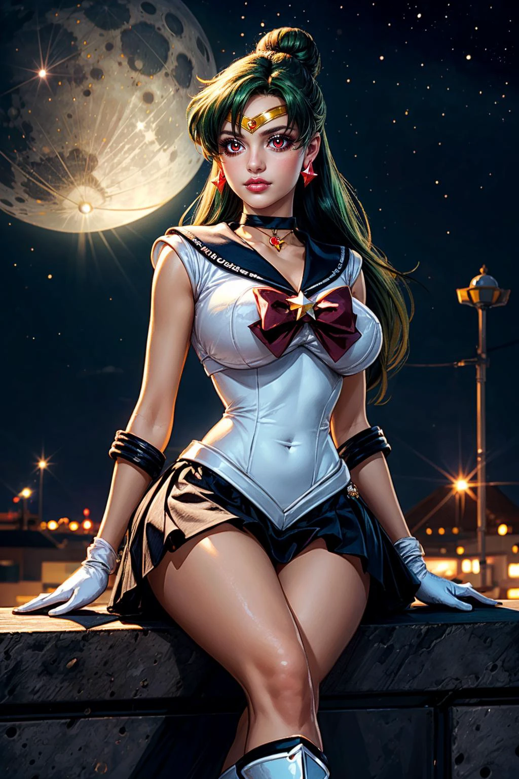 (ultra realistic,32k, masterpiece:1.2),(high detailed skin:1.1),( high quality:1.1),
<lora:EPsmPluto:0.8>1girl, solo, perfect sexy female body,bishoujo senshi sailor moon,EPsmPluto, black choker, black ribbon, black sailor collar, black skirt, boots, bow, brooch, choker, circlet, earrings, elbow gloves, gloves, green hair, grey bow, hair bun, jewelry, knee boots, long hair, pleated skirt, puffy sleeves, red bow, red eyes, ribbon, sailor collar, sailor senshi uniform, see-through, see-through sleeves, skirt, star (symbol), star brooch, star choker, star earrings, white footwear, white gloves, lunar research base, moon exploration, lunar resources, lunar colony support blurry background,, (looking at viewer, sitting, from below:1.1),,(huge breast,large breast:1.1),<lora:add_detail:0.87>,
(dynamic lighting:1.1),