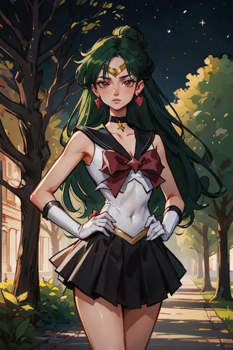 EPsmPluto, red eyes, long green hair, hair bun, gold circlet, choker, earrings, red ribbon, sailor senshi uniform, white elbow gloves, black skirt,looking at viewer, serious, standing, outside, park, pathway, trees, night time, stars, high quality, masterpiece, <lora:EPsmPluto:.8>