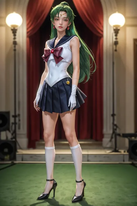highres,absurdres,masterpiece,best quality,original,extremely detailed CG,extremely detailed wallpaper,perfect lighting,looking at viewer,bare hands,standing on stage,1girl,blurry background,
<lora:EPsmPluto:0.7>, EPsmPluto,long hair,single hair bun,elbow gloves,sailor senshi uniform,sailor collar,green hair,jewelry,skirt,white gloves,