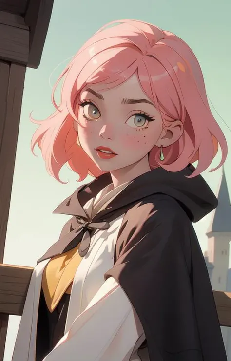 1girl, short pink hair,(mole next to lip:1),(hufflepuff House Cloak),( inner cloak yellow:1), (outer cloack black:1),yellow eyes, looking at viewer, solo, upper body,(masterpiece:1.4),(best quality:1.4),red lips,parted lips, hogwarts castle:1,dramatic shadows,extremely_beautiful_detailed_anime_face_and_eyes,an extremely delicate and beautiful,dynamic angle, cinematic camera, dynamic pose,depth of field,chromatic aberration,Watercolor, Ink, epic, candystyle,