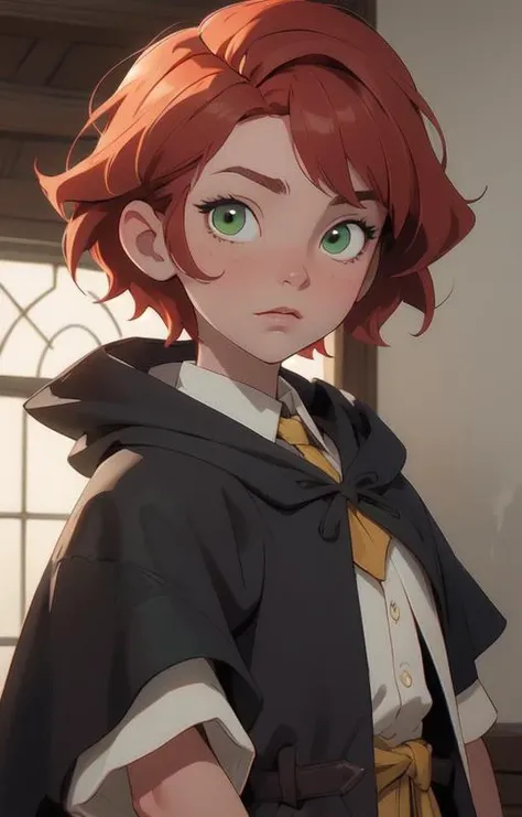 (masterpiece:1.4),(best quality:1.4),(16 year old man traits:1),(1boy:1.2), (short red hair:1.2),(hufflepuff House Cloak),( inner cloak yellow:1), (outer cloack black:1),green eyes, looking at viewer, solo, upper body, hogwarts castle:1,dramatic shadows,extremely_detailed_anime_face_and_eyes,dynamic angle, cinematic camera, dynamic pose,depth of field,chromatic aberration,backlighting,,Watercolor, Ink, epic, candystyle,