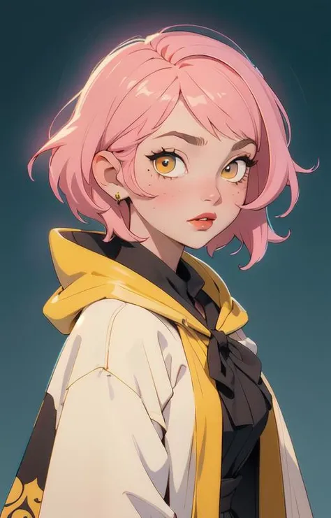1girl, short pink hair,(mole next to lip:1),(eyebrow scar:1),(hufflepuff House Cloak),( inner cloak yellow:1), (outer cloack black:1),yellow eyes, looking at viewer, solo, upper body,(masterpiece:1.4),(best quality:1.4),red lips,parted lips, hogwarts castle:1,dramatic shadows,extremely_beautiful_detailed_anime_face_and_eyes,an extremely delicate and beautiful,dynamic angle, cinematic camera, dynamic pose,depth of field,chromatic aberration,backlighting,Watercolor, Ink, epic, candystyle,