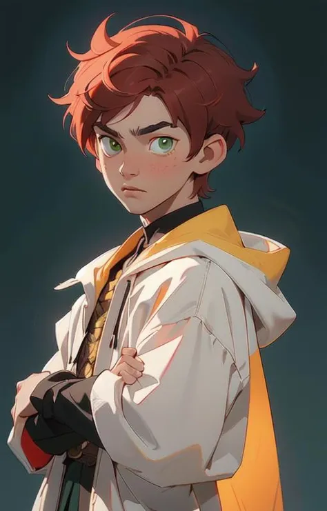 (masterpiece:1.4),(best quality:1.4),(((16 year old man traits:1,2))),(((1boy:1.2))),(((1 face man:1))), (short red hair boy:1.2),(hufflepuff House Cloak),( inner cloak yellow:1), (outer cloack black:1),green eyes, looking at viewer, solo, upper body, hogwarts castle:1,dramatic shadows,extremely_detailed_anime_face_and_eyes,dynamic angle, cinematic camera, dynamic pose,depth of field,chromatic aberration,