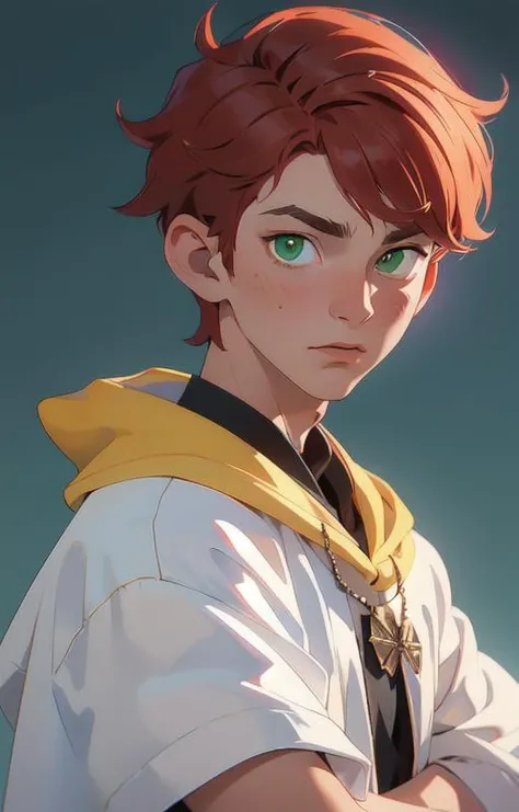 (masterpiece:1.4),(best quality:1.4),(((16 year old man traits:1,2))),(((1boy:1.2))),(((1 face man:1))), (short red hair boy:1.2),(hufflepuff House Cloak),( inner cloak yellow:1), (outer cloack black:1),green eyes, looking at viewer, solo, upper body, hogwarts castle:1,dramatic shadows,extremely_detailed_anime_face_and_eyes,dynamic angle, cinematic camera, dynamic pose,depth of field,chromatic aberration,backlighting,Watercolor, Ink, epic, candystyle,