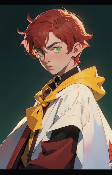 (masterpiece:1.4),(best quality:1.4),(16 year old man traits:1),(1boy:1.2), (short red hair:1.2),(hufflepuff House Cloak),( inner cloak yellow:1), (outer cloack black:1),green eyes, looking at viewer, solo, upper body, hogwarts castle:1,dramatic shadows,extremely_detailed_anime_face_and_eyes,dynamic angle, cinematic camera, dynamic pose,depth of field,chromatic aberration,backlighting,,Watercolor, Ink, epic, candystyle,