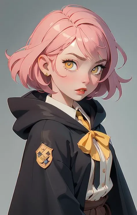 1girl, short pink hair,(hufflepuff House Cloak),( inner cloak yellow:1), (outer cloack black:1),yellow eyes, looking at viewer, solo, upper body,(masterpiece:1.4),(best quality:1.4),red lips,parted lips, hogwarts castle:1,dramatic shadows,extremely_beautiful_detailed_anime_face_and_eyes,an extremely delicate and beautiful,dynamic angle, cinematic camera, dynamic pose,depth of field,chromatic aberration,