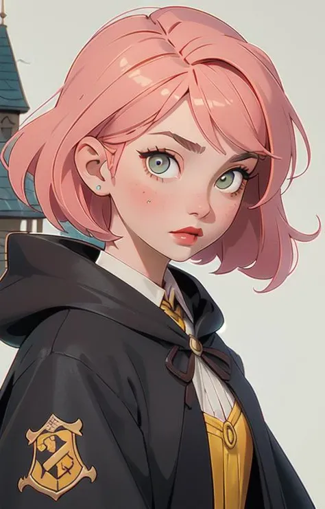 1girl, short pink hair,(hufflepuff House Cloak),( inner cloak yellow:1), (outer cloack black:1),yellow eyes, looking at viewer, solo, upper body,(masterpiece:1.4),(best quality:1.4),red lips,parted lips, hogwarts castle:1,dramatic shadows,extremely_beautiful_detailed_anime_face_and_eyes,an extremely delicate and beautiful,dynamic angle, cinematic camera, dynamic pose,depth of field,chromatic aberration,backlighting,