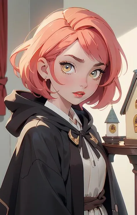 1girl, short pink hair,(hufflepuff House Cloak),( inner cloak yellow:1), (outer cloack black:1),yellow eyes, looking at viewer, solo, upper body,(masterpiece:1.4),(best quality:1.4),red lips,parted lips, hogwarts castle:1,dramatic shadows,extremely_beautiful_detailed_anime_face_and_eyes,an extremely delicate and beautiful,dynamic angle, cinematic camera, dynamic pose,depth of field,chromatic aberration,backlighting,Watercolor, Ink, epic, candystyle,