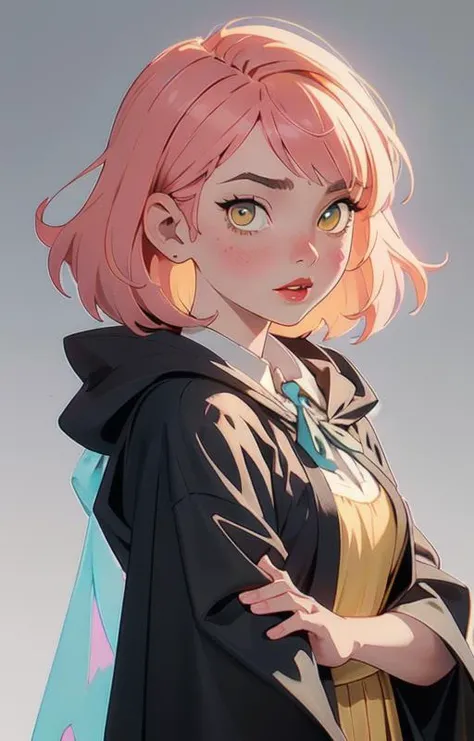 1girl, short pink hair,(hufflepuff House Cloak),( inner cloak yellow:1), (outer cloack black:1),yellow eyes, looking at viewer, solo, upper body,(masterpiece:1.4),(best quality:1.4),red lips,parted lips, hogwarts castle:1,dramatic shadows,extremely_beautiful_detailed_anime_face_and_eyes,an extremely delicate and beautiful,dynamic angle, cinematic camera, dynamic pose,depth of field,chromatic aberration,backlighting,Watercolor, Ink, epic, candystyle,