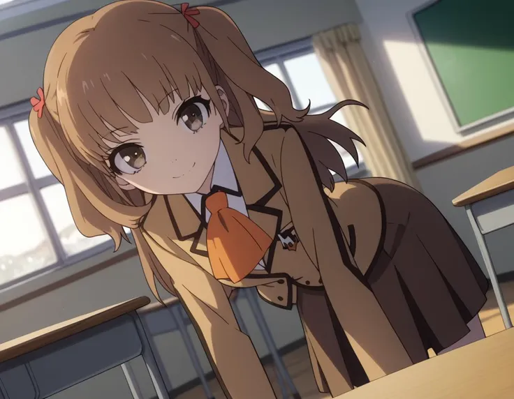 score_9, score_8_up, score_7_up, source_anime,
sayuhisanuma, <lora:sayu-hisanuma-s1-ponyxl-lora-nochekaiser:1>,
sayu hisanuma, long hair, brown hair, brown eyes, two side up,
skirt, school uniform, socks, blazer, neckerchief, long sleeves, brown skirt, brown blazer,
indoors, classroom, bent over, smile,
looking at viewer, cowboy shot, dutch angle, solo,