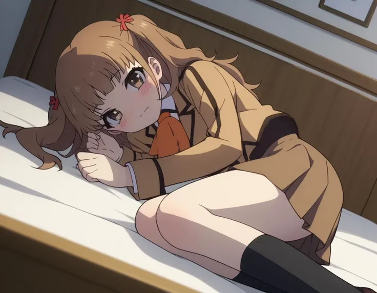 score_9, score_8_up, score_7_up, source_anime,
sayuhisanuma, <lora:sayu-hisanuma-s1-ponyxl-lora-nochekaiser:1>,
sayu hisanuma, long hair, brown hair, brown eyes, two side up,
skirt, school uniform, socks, blazer, neckerchief, long sleeves, brown skirt, brown blazer,
indoors, bed, bed room, on side, blush, drunk,
looking at viewer, cowboy shot, dutch angle, solo,