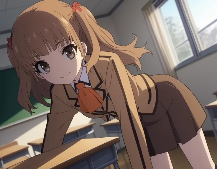 score_9, score_8_up, score_7_up, source_anime,
sayuhisanuma, <lora:sayu-hisanuma-s1-ponyxl-lora-nochekaiser:1>,
sayu hisanuma, long hair, brown hair, brown eyes, two side up,
skirt, school uniform, socks, blazer, neckerchief, long sleeves, brown skirt, brown blazer,
indoors, classroom, bent over, smile,
looking at viewer, cowboy shot, dutch angle, solo,
