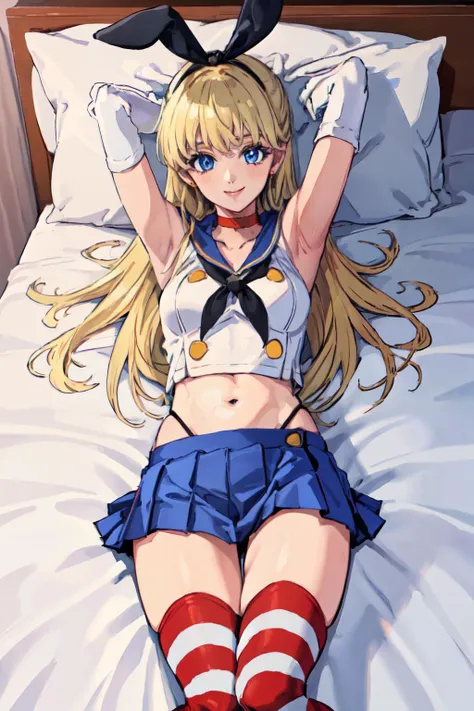 (masterpiece, best quality;1.3), extremely detailed CG, ultra detailed, 1girl, solo, smile, looking at viewer, stylish ungle, blonde long hair,blue eyes,
<lora:sailor_venus_v1:0.9>sv1,orange choker, white gloves, jewelry, rise arms, lying on bed,
<lora:ShimaCos3070:1>shimacos, microskirt,crop top,thighhighs, elbow gloves