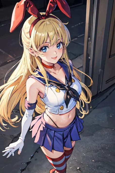 (masterpiece, best quality;1.3), extremely detailed CG, ultra detailed, 1girl, solo, smile, looking at viewer, stylish ungle, blonde long hair,blue eyes,
<lora:sailor_venus_v1:0.9>sv1,orange choker, white gloves, jewelry, from above, rise arms,
<lora:ShimaCos3070:1>shimacos, microskirt,crop top,thighhighs, elbow gloves