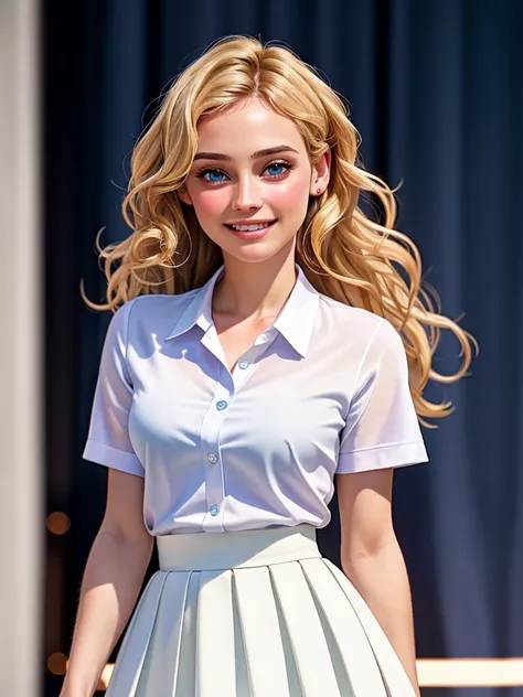 Realistic photo of a beautiful d14n3k woman, 1girl,long hair,looking at viewer,smile,blue eyes,skirt,blonde hair,shirt,1boy,holding,standing,teeth,solo focus,grin,blurry,blurry background,white skirt,blue shirt,sharp teeth,watch,realistic,camera,wristwatch,photo background,soft lighting, professional Photography, Photorealistic, detailed, RAW, analog, sharp focus, 8k, HD, high quality, masterpiece<lora:d14n3k:1.0>