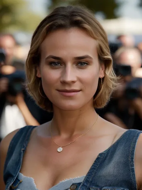 Realistic photo of a beautiful d14n3k woman,1girl,smile,blue eyes,blonde hair,dress,bare shoulders,jewelry,multiple boys,belt,2boys,bracelet,facial hair,ring,denim,realistic,camera,holding camera,soft lighting, professional Photography, Photorealistic, detailed, RAW, analog, sharp focus, 8k, HD, high quality, masterpiece<lora:d14n3k:1.0>