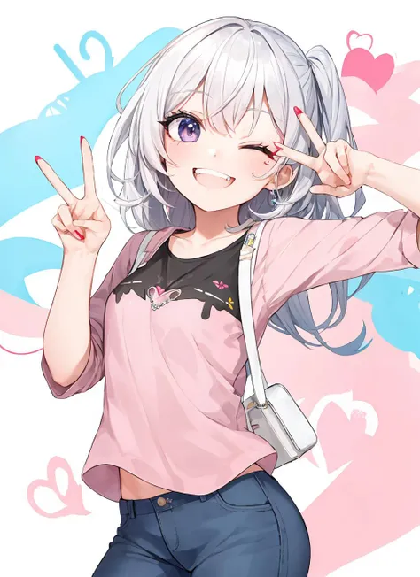 solo, (eye focus, close-up:0.8), eyeliner, eyelashes, one eye closed, grin, fang, casual, peace sign,
, <lora:scV1:1.5>
