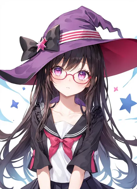 solo, (eye focus, close-up:0.8), eyeliner, eyelashes, collarbone, serafuku, skirt, bow, glasses, magic, witch hat, starry, body blush, shiny skin, (expressionless:1.2)
, <lora:scV1:1.5>