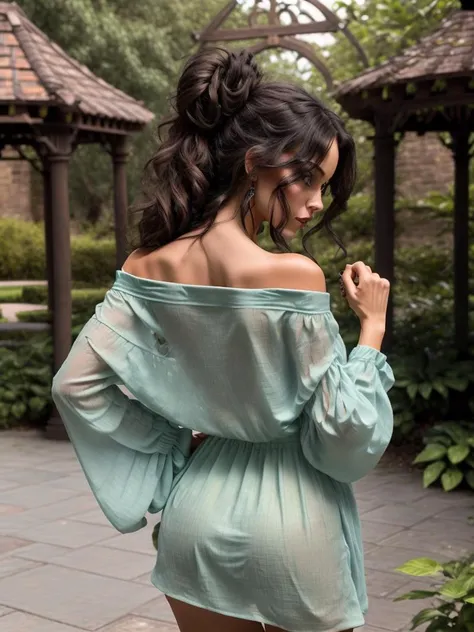 (((medium shot)))a stunning detailed background (A secluded, overgrown garden with a crumbling, gothic-style gazebo, moonlight,midnight, dark, )standing in a dark room, mid age, milf, dark theme,masterpiece, best quality, realistic, photo of fit sexy naked brunette 30 year old (cindykim-4200) girl(from behind back turned Looking at viewer over shoulder, small waist, medium hips, medium perfect ass,focus on lower body :1.5), ( beautiful very long dark green , Neon Yellow, Classic chignon hair:1.5, Berry lips,) flicked, detailed face,:1.5 detailed body, full body, intricate, High Detail, Sharp focus (perfect female form, perfect face:1.5, beautiful eyes,:1.5 eyeliner, expressive eyes, calm expression), light sensual smile, ,nsfw ( s ((perfect eyes)), (detailed pupils) long shot, , depth of field, perfect nipples, highly elaborate areola, midriff, abs,
(((medium shot))) (realistic:1.5)
((Neon Orange),,see-through:0.95 Long BFShirt,), <lora::0.7>BFShirt, long, off shoulder