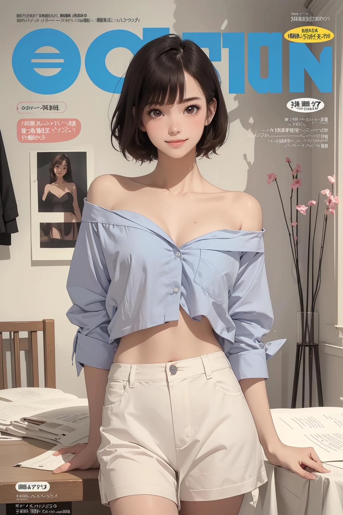 8k high quality detailed,highres,comic,anime,detailed image,
(an illustration of a age girl posing,magazine_sheet, (an illustration of girl,teengirl)),(magazine_illustration),[[multiple view manuscript]],(fashion magazine),
(1girl,asian_female,black hair, very short hair, asymmetrical bangs, brown eyes, shortstack, wide hips, small breasts),(Sarcastic Smile),detailed_face,(looking_to_the_side),
(,BFShirt,oversized_shirt,unbuttoned,long,strapless,[off shoulder]),realistic_skin_texture,realistic clothing texture,<lora::0.65>