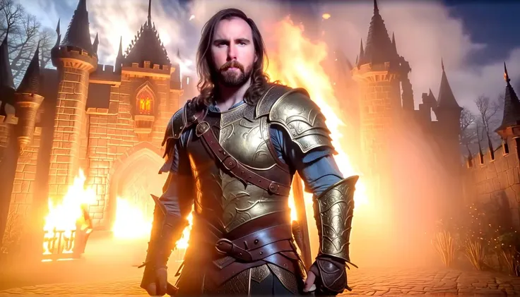 Fantasy Films asmongold as a warrior knight,(muskular:1.15) like h-Man, in front of a castle, fantasy world, fighting with an orc, nighttime, cinematic light, fire, smoke, fog,,, Fantasy Films, often for magical creatures, fantastic adventures, or mythical worlds.