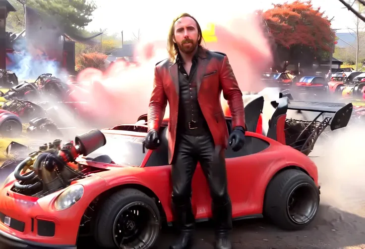 Action Films asmongold wearig a matt black leather suit, driving a red pturbo car, at a graveyard,smoke,,, Action Films, often for intense sequences, heroic characters, or adrenaline-fueled excitement.