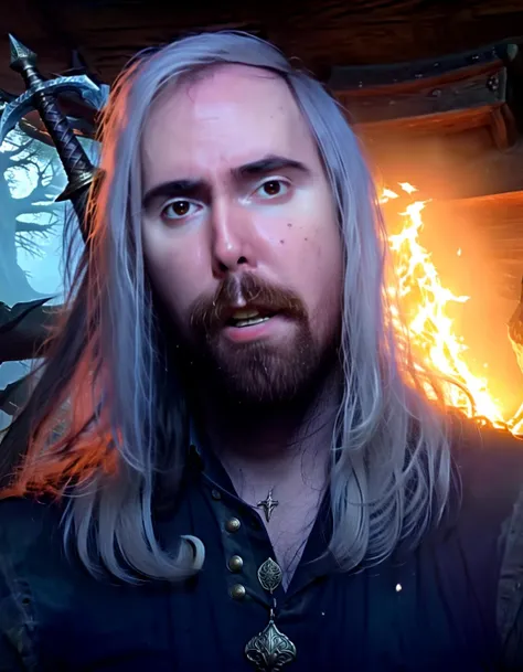 Fantasy Films asmongold as a the witcher,white hair,(muskular:1.15) like h-Man, in front of a dungen, fantasy world, fighting with an orc, nighttime, cinematic light, fire, smoke, fog,,, Fantasy Films, often for magical creatures, fantastic adventures, or mythical worlds.