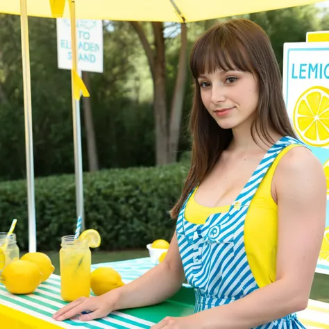 a photo of lexi luna, l3xiluna, woman, at  a lemonade stand, best quality, detailed skin <lora:lexilunav2_SDXL:0.9>