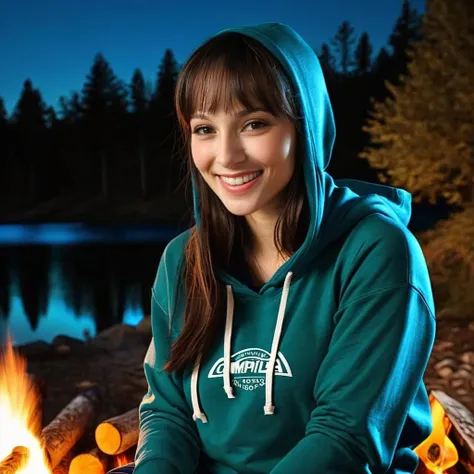 a photo of lexi luna, l3xiluna, woman, sitting at a campfire, at night, wearing a hoodie, smile, best quality, detailed skin <lora:lexilunav2_SDXL:0.9>