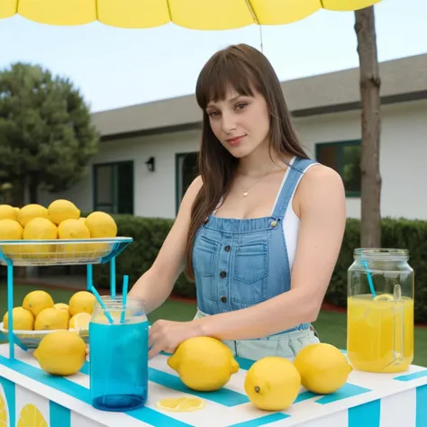 a photo of lexi luna, l3xiluna, woman, at a lemonade stand, best quality, detailed skin <lora:lexilunav2_SDXL:0.9>