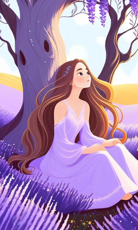 free-hand,beautiful girl with long flowing hair,sitting in a lavender field,(standalone tree:1.4),fantasy art style,intricate,<lora:free-hand:0.7>,