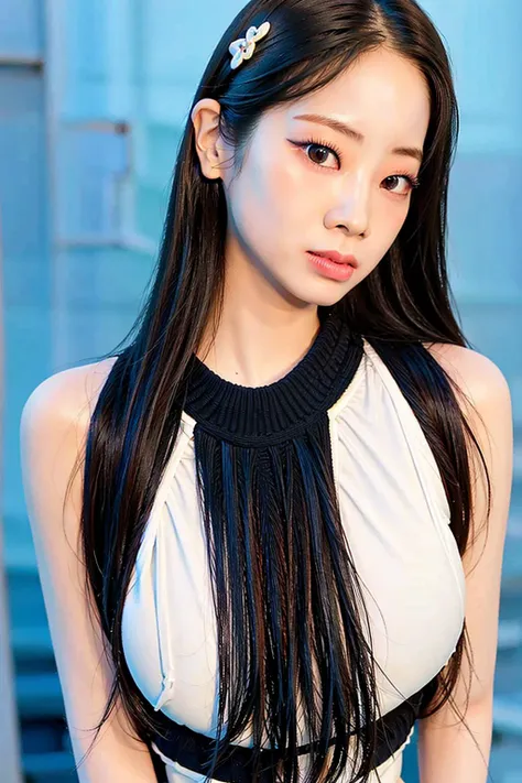 masterpiece, best quality, 1girl, aqua eyes, black hair, closed mouth, multicolored background, outdoors, solo, half body,huge breast,alluring, clean, beautiful face, pure face, pale skin, sexy pose, long hair, ((perfect female figure)), mature female, milf, narrow waist, chinese deity, hanfu