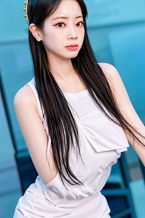 masterpiece, best quality, 1girl, aqua eyes, black hair, closed mouth, multicolored background, outdoors, solo, half body,huge breast,alluring, clean, beautiful face, pure face, pale skin, sexy pose, long hair, ((perfect female figure)), mature female, milf, narrow waist, chinese deity, hanfu