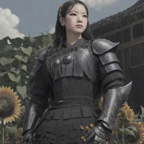 Creative Illustration,Inspired by Final Fantasy, Samurai, Dragon Ball Z, post apocalyptic atmosphere, Star Wars Empire, (laser blaster), (lace veiled armor), (a rugged power armor scarecrow), (pimp outfit), corrosion, scratches, ((natural lighting)), 8k, intricate detail, ((photo-realistic)), ultra clear detailed, octane render, well-defined details, extreme resolution, defined lines, blurred background, saturated colors, purple, black, yellow, raid scheme, em15_makeitpopva,(by Artist RossDraws:1.3),(by Artist Frank Tenney Johnson:1.3), (sunflowers) flower petals background, flower field, dytwdahyun <lora:kimDaHyunTWICE_dahyunV10_[dytwdahyun]:0.8>
