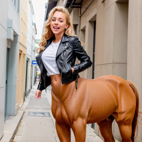 Masterpiece, best quality, (photographic, photogenic, photo) full body  portrait of a gorgeous age 38  centaur blond woman with (freckles:0.8),huge breasts and a dutch braid hair, appearing in a classroom, laughing happily at viewer while  having the hands on her hips with delicate hands, 1980s, vivid color, film grain, kodak portra, walking down a street, ((wearing a t-shirt and a leather  jacket)),
 <lora:CENTAUR-SERY-CONCEPT:1>