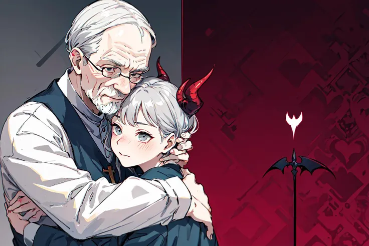 priest, grey hair, old man, wrinkled skin, hugging BREAK
1girl, demon, succubus, horns