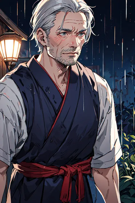 samurai, night, rain, outdoors, BREAK
grey hair, old man, wrinkled skin, BREAK