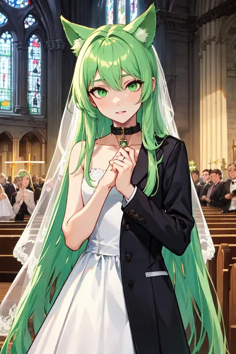 1boy, light green hair, flat chest, wedding dress, green eyes, animal ears, very long hair, metal collar, church