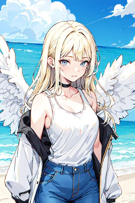 1girl, medium breasts, blonde hair, long hair, wavy hair, grey eyes, white feathered wings, angel, outdoors, white jacket, choker, tank top, jeans