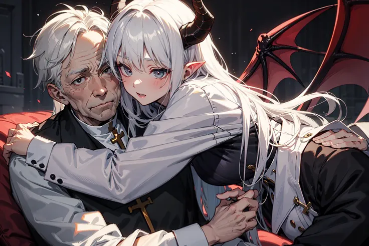 priest, grey hair, old man, wrinkled skin, hugging BREAK
1girl, demon, succubus, horns