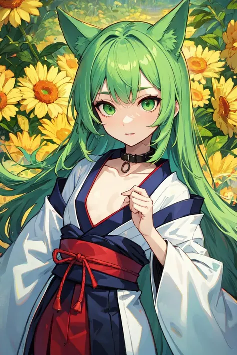 1other, light green hair, flat chest, japanese clothes, green eyes, animal ears, very long hair, metal collar